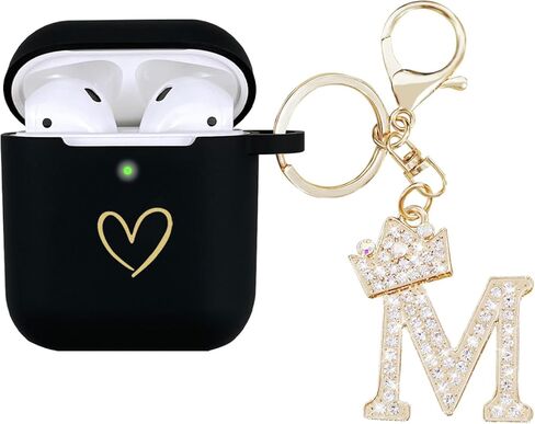 متوافق مع غطاء حافظة AirPods، حافظة من السيليكون الناعم بنمط قلب ذهبي لحافظة AirPods 2&1 Generation مع سلسلة مفاتيح مرصعة بحجر الراين A-Z (M أسود) in Kuwait