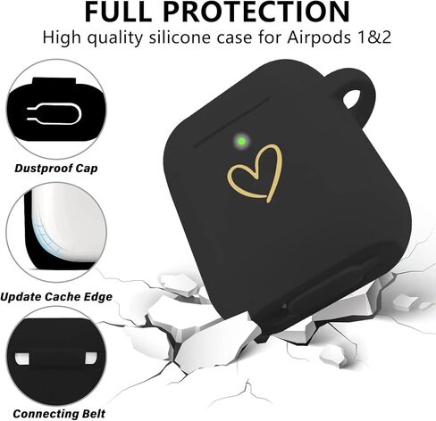 متوافق مع غطاء حافظة AirPods، حافظة من السيليكون الناعم بنمط قلب ذهبي لحافظة AirPods 2&1 Generation مع سلسلة مفاتيح مرصعة بحجر الراين A-Z (M أسود) in Kuwait