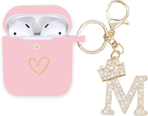 متوافق مع غطاء حافظة AirPods، حافظة من السيليكون الناعم بنمط قلب ذهبي لحافظة AirPods 2&1 Generation مع سلسلة مفاتيح مرصعة بحجر الراين A-Z (M أسود) in Kuwait