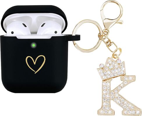 متوافق مع غطاء حافظة AirPods، حافظة من السيليكون الناعم بنمط قلب ذهبي لحافظة AirPods 2&1 Generation مع سلسلة مفاتيح مرصعة بحجر الراين A-Z (M أسود) in Kuwait