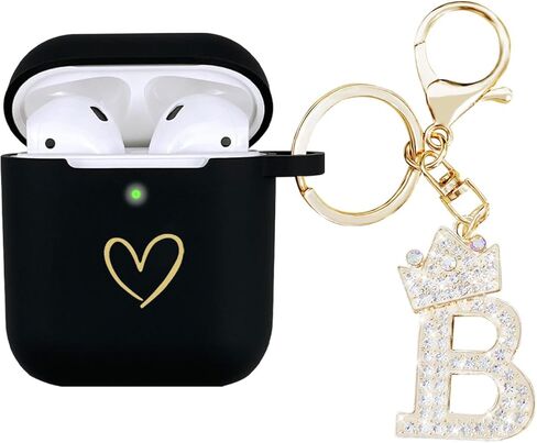 متوافق مع غطاء حافظة AirPods، حافظة من السيليكون الناعم بنمط قلب ذهبي لحافظة AirPods 2&1 Generation مع سلسلة مفاتيح مرصعة بحجر الراين A-Z (M أسود) in Kuwait