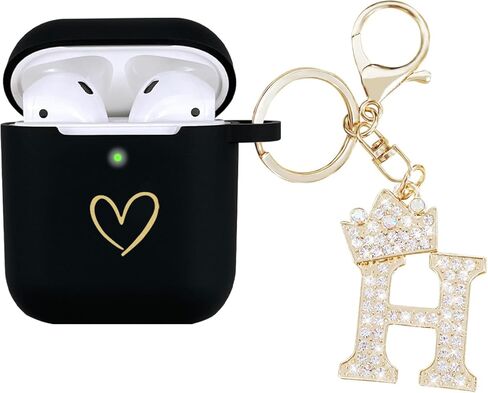 متوافق مع غطاء حافظة AirPods، حافظة من السيليكون الناعم بنمط قلب ذهبي لحافظة AirPods 2&1 Generation مع سلسلة مفاتيح مرصعة بحجر الراين A-Z (M أسود) in Kuwait