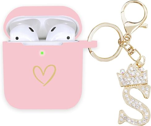متوافق مع غطاء حافظة AirPods، حافظة من السيليكون الناعم بنمط قلب ذهبي لحافظة AirPods 2&1 Generation مع سلسلة مفاتيح مرصعة بحجر الراين A-Z (M أسود) in Kuwait