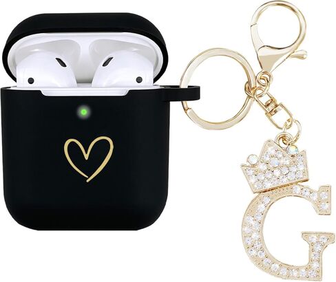 متوافق مع غطاء حافظة AirPods، حافظة من السيليكون الناعم بنمط قلب ذهبي لحافظة AirPods 2&1 Generation مع سلسلة مفاتيح مرصعة بحجر الراين A-Z (M أسود) in Kuwait