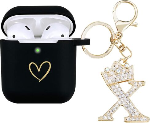 متوافق مع غطاء حافظة AirPods، حافظة من السيليكون الناعم بنمط قلب ذهبي لحافظة AirPods 2&1 Generation مع سلسلة مفاتيح مرصعة بحجر الراين A-Z (M أسود) in Kuwait