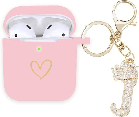 متوافق مع غطاء حافظة AirPods، حافظة من السيليكون الناعم بنمط قلب ذهبي لحافظة AirPods 2&1 Generation مع سلسلة مفاتيح مرصعة بحجر الراين A-Z (M أسود) in Kuwait