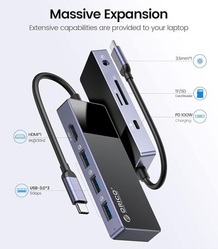 موزع USB C، محول ORICO 8 في 1 لمحطة إرساء MacBook متعدد المنافذ مع PD 100W، HDMI 4K@30 هرتز، USB-A3.0×3، SD/TF×1، صوت 3.5 مم × 1 متوافق مع أجهزة الكمبيوتر المحمولة Dell/Surface/HP/Lenovo in Kuwait