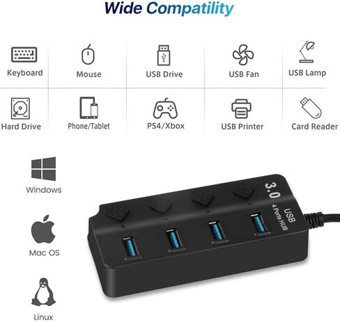 موزع USB C 3.0، مقسم موسع USB لأجهزة الكمبيوتر المحمول مع مفتاح فردي، محور تمديد محول USB متعدد المنافذ من 1 إلى 4 لأجهزة الكمبيوتر (USB C إلى 4 منافذ USB 3.0 مع التحكم في التبديل وضوء المؤشر) in Kuwait