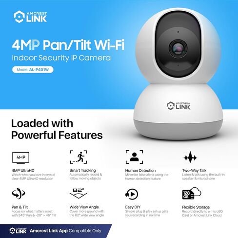 كاميرا Amcrest Link 4MP WiFi داخلية، اكتشاف الإنسان، تتبع الحركة، مع صوت ثنائي الاتجاه، كاميرا IP لاسلكية قابلة للإمالة (طاقة سلكية)، رؤية ليلية 30 قدمًا، صفارة إنذار مدمجة، AL-P401W in Kuwait