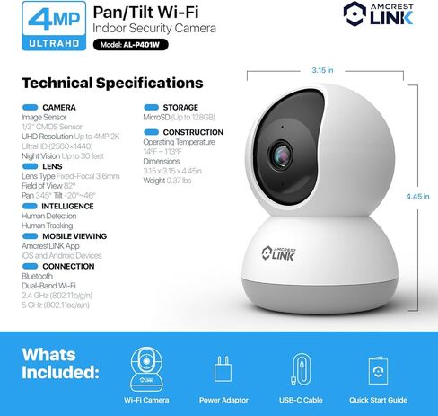 كاميرا Amcrest Link 4MP WiFi داخلية، اكتشاف الإنسان، تتبع الحركة، مع صوت ثنائي الاتجاه، كاميرا IP لاسلكية قابلة للإمالة (طاقة سلكية)، رؤية ليلية 30 قدمًا، صفارة إنذار مدمجة، AL-P401W in Kuwait