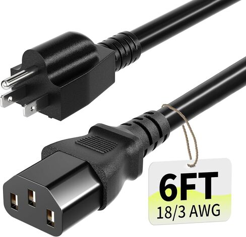 كابل سلك طاقة تيار متردد 3 شقوق 6 أقدام 10 أمبير 125 فولت 18AWG، NEMA 5-15P إلى C13، كابل طاقة الكمبيوتر الأسود للتلفزيون والكمبيوتر والشاشة والطابعة وبلاي ستيشن وHP وDell وLenovo وApple وAsus-ETL مدرج in Kuwait