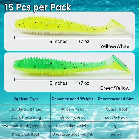 Soft Plastic Paddle Tail Swimbaits Pack of 15 – 3" Soft Plastic Fishing Lures with Extra-Large Tail for Lifelike Swimming Action – Freshwater & Saltwater in Saudi Arabia