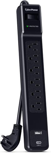 CyberPower CSP604UC واقي التيار الزائد، 1500J، 6 منافذ، 1 USB-A، 1 USB-C، سلك طاقة 4 أقدام، أسود، ETL in Saudi Arabia