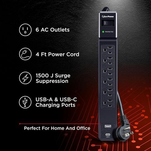 CyberPower CSP604UC واقي التيار الزائد، 1500J، 6 منافذ، 1 USB-A، 1 USB-C، سلك طاقة 4 أقدام، أسود، ETL in Saudi Arabia