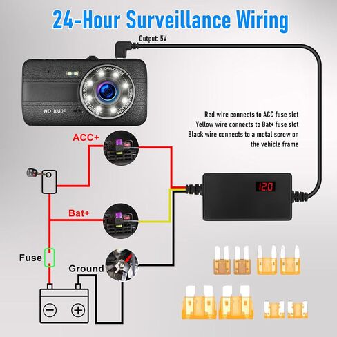 Dash Cam Hardwire Kit with 8 Fusess 12V 24V to 5V 3A Digital Display Dash Camera Power Cord for 24H Parking Monitoring,Car Camera Charger Power Cord,Low Voltage Protect (Type-C Elbow) in Kuwait