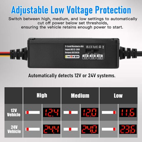 Dash Cam Hardwire Kit with 8 Fusess 12V 24V to 5V 3A Digital Display Dash Camera Power Cord for 24H Parking Monitoring,Car Camera Charger Power Cord,Low Voltage Protect (Type-C Elbow) in Kuwait