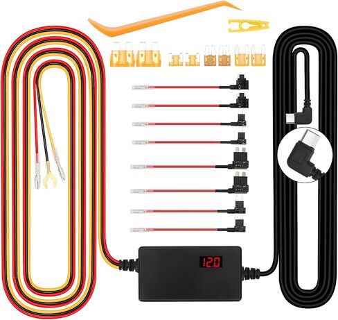 Dash Cam Hardwire Kit with 8 Fusess 12V 24V to 5V 3A Digital Display Dash Camera Power Cord for 24H Parking Monitoring,Car Camera Charger Power Cord,Low Voltage Protect (Type-C Elbow) in Kuwait