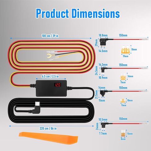 Dash Cam Hardwire Kit with 8 Fusess 12V 24V to 5V 3A Digital Display Dash Camera Power Cord for 24H Parking Monitoring,Car Camera Charger Power Cord,Low Voltage Protect (Type-C Elbow) in Kuwait