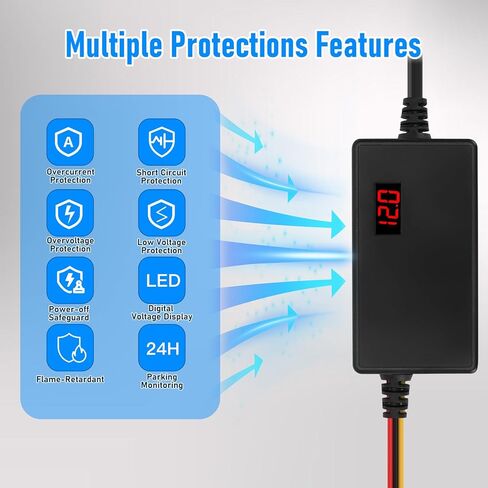 Dash Cam Hardwire Kit with 8 Fusess 12V 24V to 5V 3A Digital Display Dash Camera Power Cord for 24H Parking Monitoring,Car Camera Charger Power Cord,Low Voltage Protect (Type-C Elbow) in Kuwait