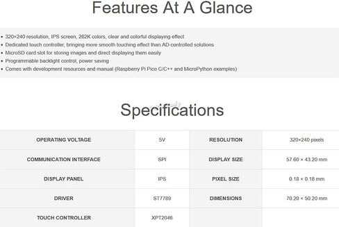 وحدة عرض تعمل باللمس مقاس 2.8 بوصة لـ Raspberry Pi Pico 262K ألوان 320 × 240 بكسل وحدة تحكم واجهة SPI XPT2046 ST7789 Driver @XYGStudy (Pico-ResTouch-LCD-2.8) in Saudi Arabia