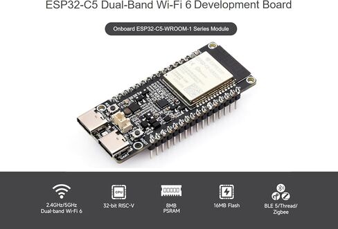 Waveshare ESP32-C5 5 جيجا هرتز/2.4 جيجا هرتز ثنائي النطاق Wi-Fi 6 Dev Board، استنادًا إلى وحدة ESP32-C5-WROOM-1، معالج RISC-V بسرعة 240 ميجا هرتز، يدمج بروتوكولات BLE 5/Zigbee/Thread، فلاش 16 ميجابايت، ذاكرة PSRAM 8 ميجابايت (مع رأس الدبوس) in Kuwait