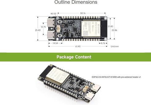 Waveshare ESP32-C5 5 جيجا هرتز/2.4 جيجا هرتز ثنائي النطاق Wi-Fi 6 Dev Board، استنادًا إلى وحدة ESP32-C5-WROOM-1، معالج RISC-V بسرعة 240 ميجا هرتز، يدمج بروتوكولات BLE 5/Zigbee/Thread، فلاش 16 ميجابايت، ذاكرة PSRAM 8 ميجابايت (مع رأس الدبوس) in Kuwait