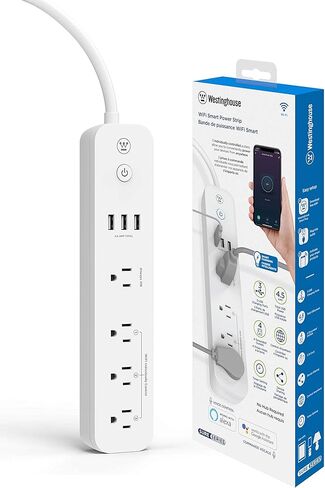 شريط طاقة ذكي Wi-Fi من Westinghouse مع 3 منافذ تحكم ذكية، 3 منافذ شحن USB، 1 منفذ يعمل دائمًا، تشغيل/إيقاف تشغيل يتم التحكم فيه من خلال التطبيق، يعمل مع Alexa وGoogle Assistant Sure Series باللون الأبيض in Saudi Arabia
