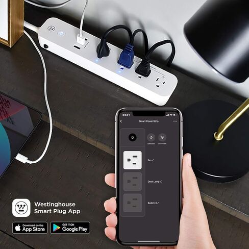 شريط طاقة ذكي Wi-Fi من Westinghouse مع 3 منافذ تحكم ذكية، 3 منافذ شحن USB، 1 منفذ يعمل دائمًا، تشغيل/إيقاف تشغيل يتم التحكم فيه من خلال التطبيق، يعمل مع Alexa وGoogle Assistant Sure Series باللون الأبيض in Saudi Arabia