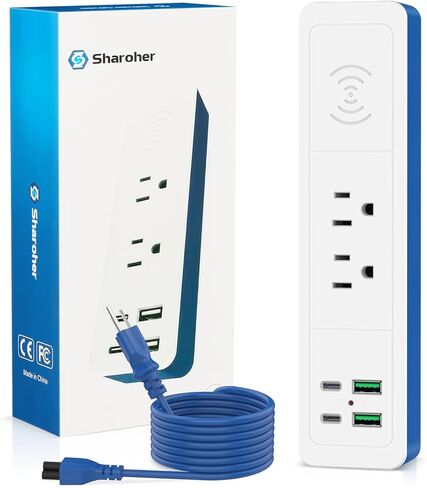 شريط طاقة لاسلكي سريع الشحن 7 في 1 مع USB C، ومنفذين USB-C، ومنفذ تيار متردد، و2 USB-A، ومحطة شحن سريعة للسكن المكتبي على سطح المكتب، وسلك تمديد قابل للفصل بطول 6 أقدام (أزرق، 6 أقدام) in Saudi Arabia
