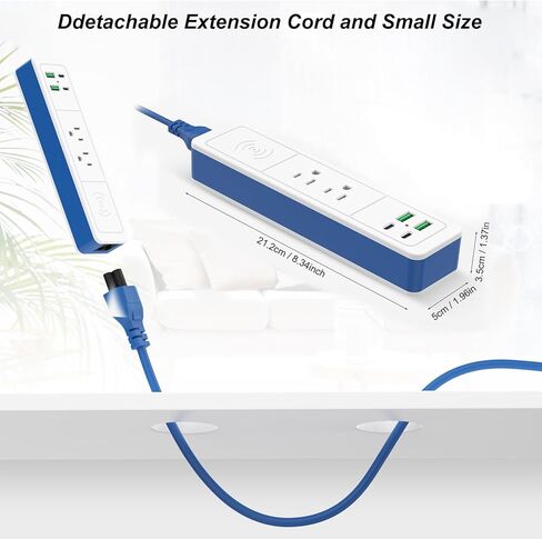 شريط طاقة لاسلكي سريع الشحن 7 في 1 مع USB C، ومنفذين USB-C، ومنفذ تيار متردد، و2 USB-A، ومحطة شحن سريعة للسكن المكتبي على سطح المكتب، وسلك تمديد قابل للفصل بطول 6 أقدام (أزرق، 6 أقدام) in Saudi Arabia