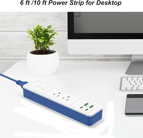 شريط طاقة لاسلكي سريع الشحن 7 في 1 مع USB C، ومنفذين USB-C، ومنفذ تيار متردد، و2 USB-A، ومحطة شحن سريعة للسكن المكتبي على سطح المكتب، وسلك تمديد قابل للفصل بطول 6 أقدام (أزرق، 6 أقدام) in Saudi Arabia