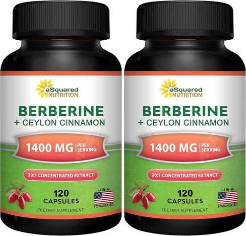 aSquared Nutrition Berberine with Ceylon Cinnamon Supplement - 1400mg Max Strength Complex - 120 Capsules - 1200mg HCl Powder Extract Plus Pills - Alternative to Gummies & Drops in Saudi Arabia