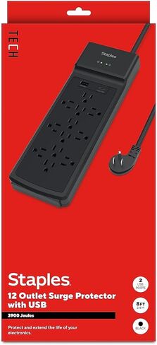 Surge Protector Power Strip, 12 Outlets + 2 USB Ports, 8 ft Cord, 3900 Joules, Flat Plug, Wall Mount, Black in Saudi Arabia