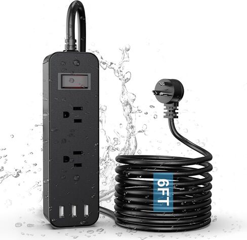 شريط طاقة مقاوم للماء في الهواء الطلق مع منفذين و3 منافذ USB، سلك تمديد مسطح بطول 6 أقدام، واقي من التيار الزائد، قابل للتركيب لمطبخ حمام الحديقة، أسود in Saudi Arabia