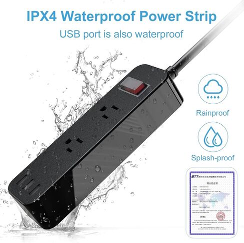 شريط طاقة مقاوم للماء في الهواء الطلق مع منفذين و3 منافذ USB، سلك تمديد مسطح بطول 6 أقدام، واقي من التيار الزائد، قابل للتركيب لمطبخ حمام الحديقة، أسود in Saudi Arabia