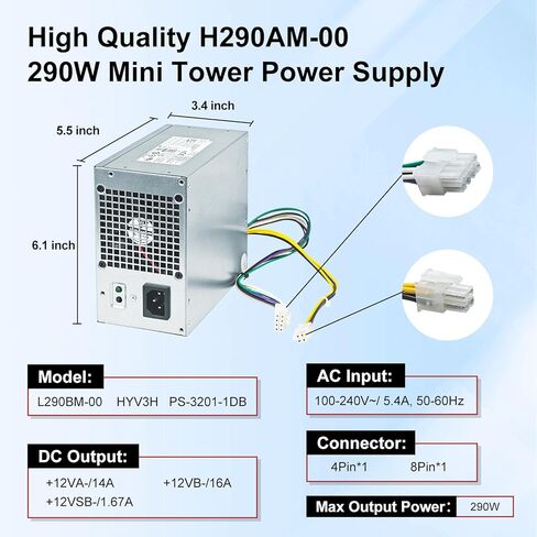 LXun 290W H290AM-00 Power Supply Compatible with Dell Optiplex 3020 7020 9020 Precision T1700PowrEdgeT20 (MT Mini Tower) RVTHD KPRG9 HYV3H D290A001L L290AM-00 PS-3291-1DF H290EM-00 Dell Optiplx PSU in Kuwait