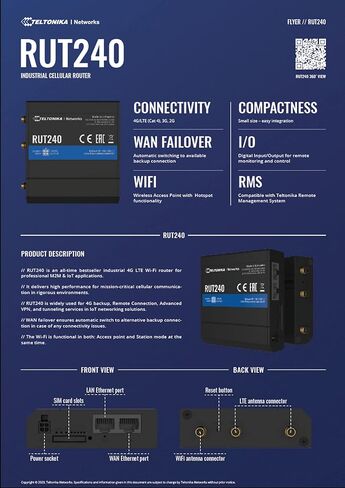 Teltonika RUT240 4G /LTE & WiFi جهاز التوجيه الخلوي مع إيثرنت وI/O - Verizon - RUT24002U000 in Kuwait