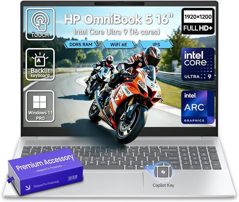 2026 HP OmniBook 5 16 بوصة كمبيوتر محمول يعمل باللمس، 16 بوصة IPS 2K شاشة تعمل باللمس كمبيوتر محمول للأعمال AI PC، الجيل الخامس عشر Intel Core Ultra 9 (16-Cores)، 32 جيجابايت DDR5 RAM 2 تيرابايت SSD|Windows 11 Pro|لوحة مفاتيح بإضاءة خلفية in Kuwait