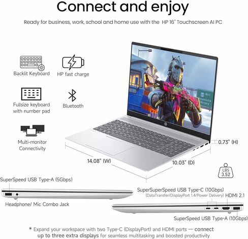 2026 HP OmniBook 5 16 بوصة كمبيوتر محمول يعمل باللمس، 16 بوصة IPS 2K شاشة تعمل باللمس كمبيوتر محمول للأعمال AI PC، الجيل الخامس عشر Intel Core Ultra 9 (16-Cores)، 32 جيجابايت DDR5 RAM 2 تيرابايت SSD|Windows 11 Pro|لوحة مفاتيح بإضاءة خلفية in Kuwait