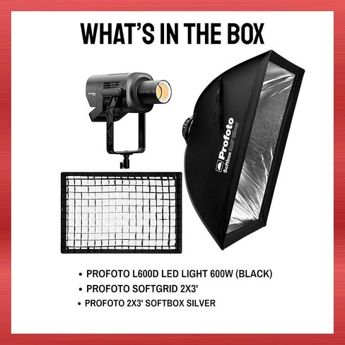 مصباح LED Profoto L600D بقدرة 600 وات بدون وميض مع صندوق سوفت بوكس ​​2 × 3 أقدام (فضي) وشبكة ناعمة مع حد انتشار الضوء 50 درجة (3 عناصر) in Kuwait