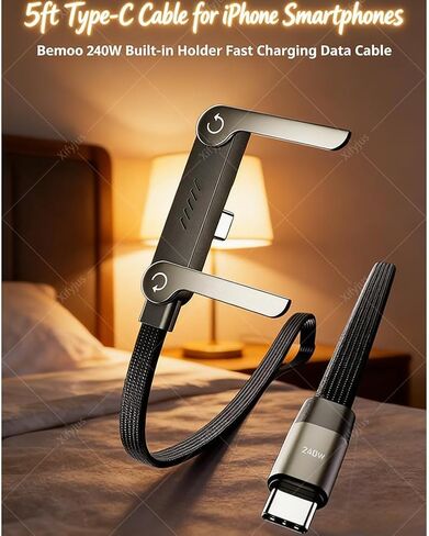 Sideways Phone Charger, 240W Stand Data Cable, 2-in-1 Invisible Holder Charger Cable, Invisible Holder Charger Cable with Stand for Smartphones Tablets (1pc,C-C) in Kuwait