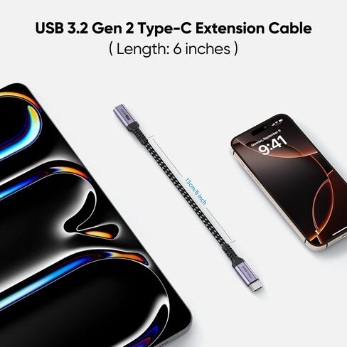 كابل تمديد USB C قصير 6 بوصات 2 حزمة، USB 3.2 Gen 2 Type C سلك كامل الوظائف 100 وات شحن سريع 10 جيجابت في الثانية نقل 4K @ 60 هرتز فيديو لمحور الهاتف المحمول والكمبيوتر اللوحي وشاشة الكمبيوتر المحمول والكمبيوتر المكتبي in Kuwait