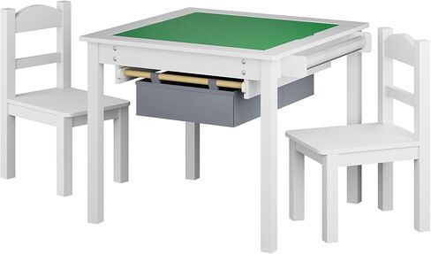 Treocho Wooden Kids Table and Chair Set with Reversible Tabletop, 2 in 1 Toddler Desk with Storage Drawers, Kids Activity Table with Blocks Building Baseplate for Playing, Reading, Drawing, White in Saudi Arabia