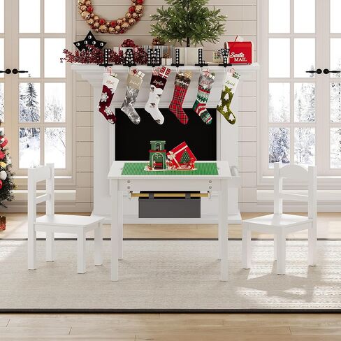 Treocho Wooden Kids Table and Chair Set with Reversible Tabletop, 2 in 1 Toddler Desk with Storage Drawers, Kids Activity Table with Blocks Building Baseplate for Playing, Reading, Drawing, White in Saudi Arabia