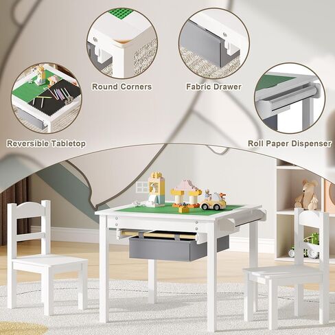 Treocho Wooden Kids Table and Chair Set with Reversible Tabletop, 2 in 1 Toddler Desk with Storage Drawers, Kids Activity Table with Blocks Building Baseplate for Playing, Reading, Drawing, White in Saudi Arabia