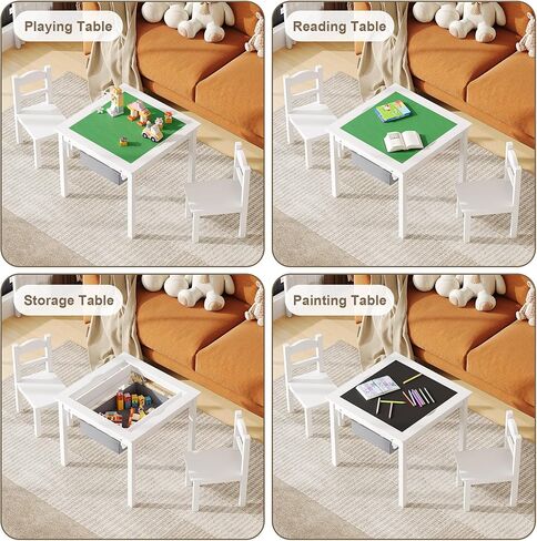 Treocho Wooden Kids Table and Chair Set with Reversible Tabletop, 2 in 1 Toddler Desk with Storage Drawers, Kids Activity Table with Blocks Building Baseplate for Playing, Reading, Drawing, White in Saudi Arabia