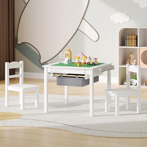 Treocho Wooden Kids Table and Chair Set with Reversible Tabletop, 2 in 1 Toddler Desk with Storage Drawers, Kids Activity Table with Blocks Building Baseplate for Playing, Reading, Drawing, White in Saudi Arabia