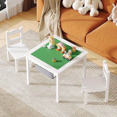 Treocho Wooden Kids Table and Chair Set with Reversible Tabletop, 2 in 1 Toddler Desk with Storage Drawers, Kids Activity Table with Blocks Building Baseplate for Playing, Reading, Drawing, White in Saudi Arabia