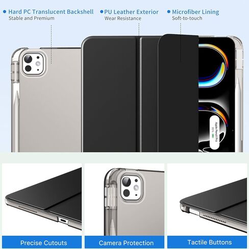 MoKo for iPad Pro 13 Inch Case (M5/M4) 2025/2024 with Pencil Holder, Slim Light Trifold Smart Cover iPad 13 Pro with Hard PC Translucent Back Shell, [Support Apple Pencil Pro & USB-C], Black in Saudi Arabia