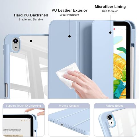 حافظة لجهاز iPad Air 11 بوصة M3/M2 2025/2024، iPad Air الجيل الخامس/الرابع 10.9 بوصة 2022/2020 مع حامل أقلام، نوم/تنبيه تلقائي، غطاء مقاوم للصدمات مع غطاء خلفي شفاف (أزرق فاتح) in Kuwait